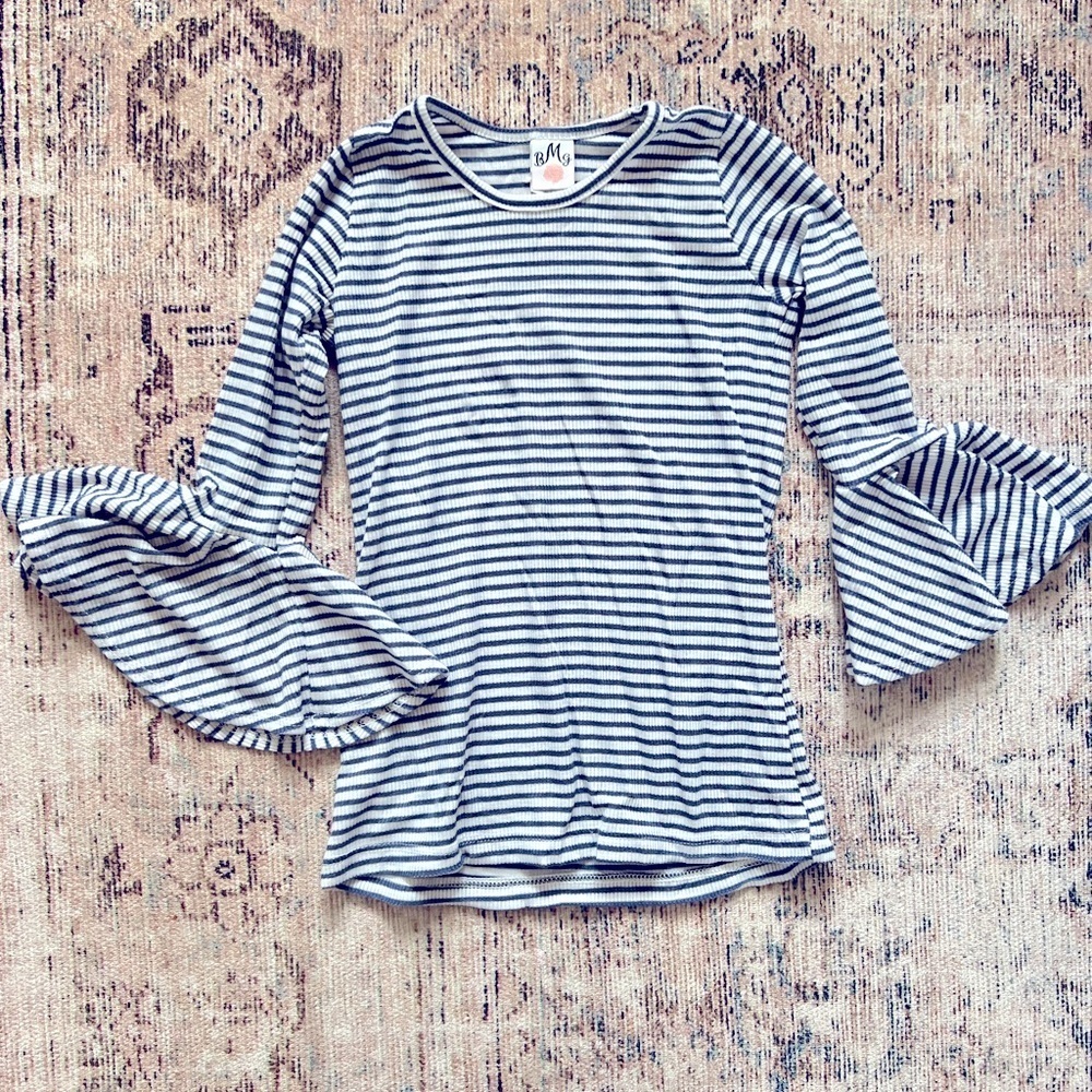 Blue and White 3/4 Bell Sleeve Ruffled Blouse - Picture 1 of 4
